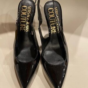 Versace Jeans Collection Glossy Black Slingback Heels
